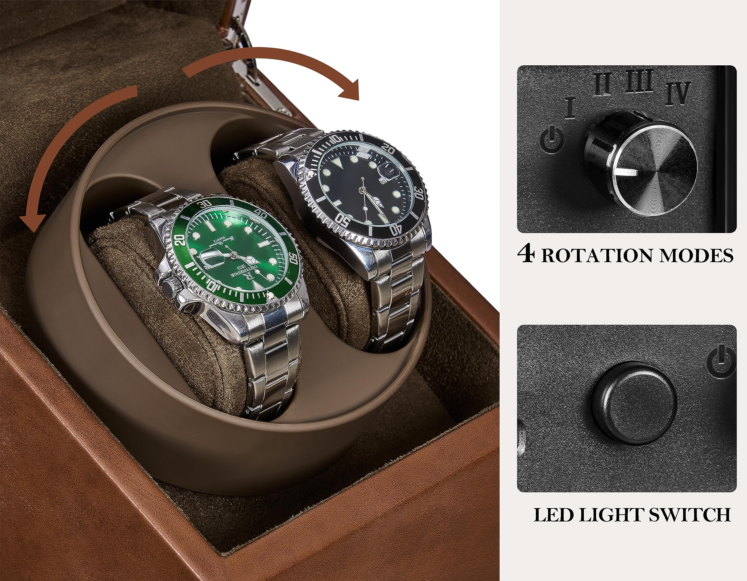 ANWBROAD Watch Winder, Double Automatic Watches Rotator, Quiet Motor, Flexible Watch Pillows, 5 Modes, Battery or USB, UJWW001Z