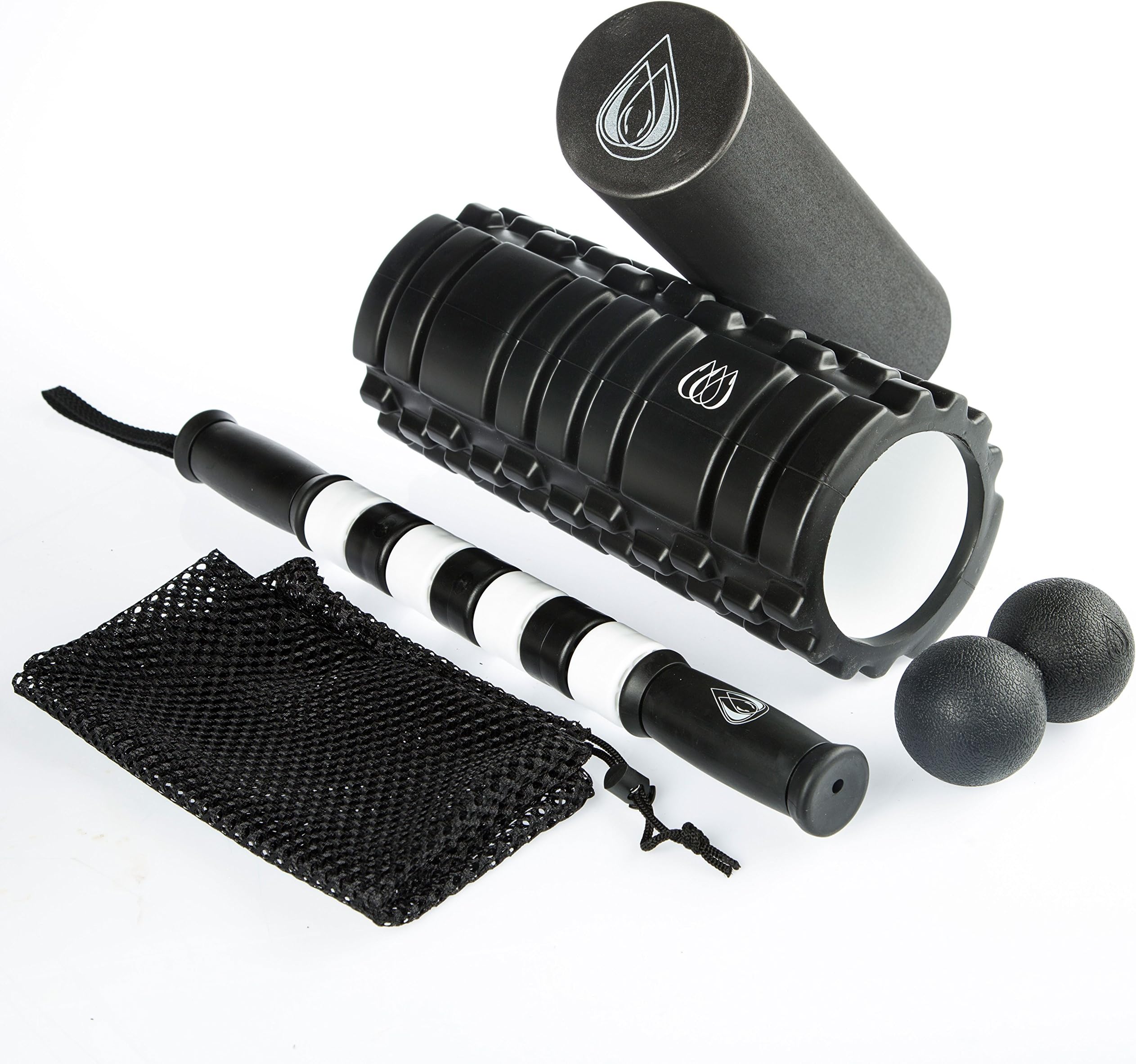 TeamSoda Fitness 2-in-1 Foam Roller + Double-Lacrosse Trigger Point Massage Ball + Muscle Roller Massage Stick & Carry Bag