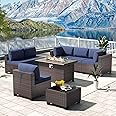 Kullavik 8 Pieces Outdoor Patio Furniture Set Sectional Rattan Sofa Brown Manual Wicker Patio Conversation Set with 43" Gas Propane Fire Pit Table,Navy Blue