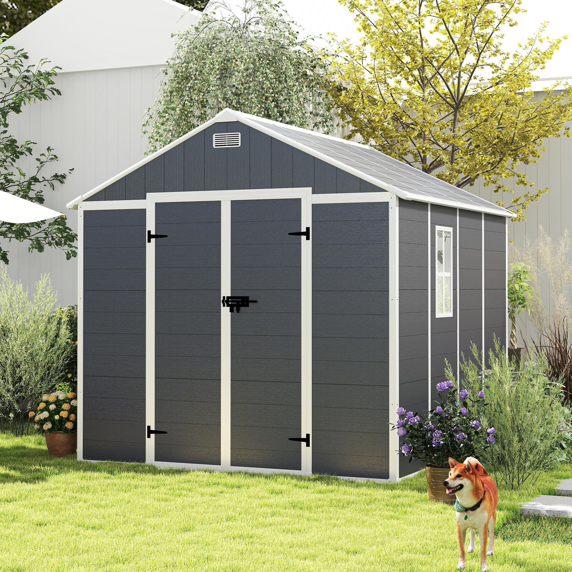 Photo 1 of 2/3 boxes*** YOPTO 8x8 FT Resin Outdoor Storage Shed,Waterproof Large Storage Space Tool Sheds with Hd Window and 12mm Thick Pp Board,Garden House w/Punched Vents & Locks,for Patio,Lawn,Backyard,Dark Gray