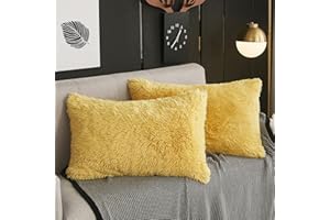 WERDIM Shaggy Faux Fur Pillowcases 2 Pack Button Closure Velvet Pillow Shams Standard/Queen Size (Yellow, 20 X 26 Inches)