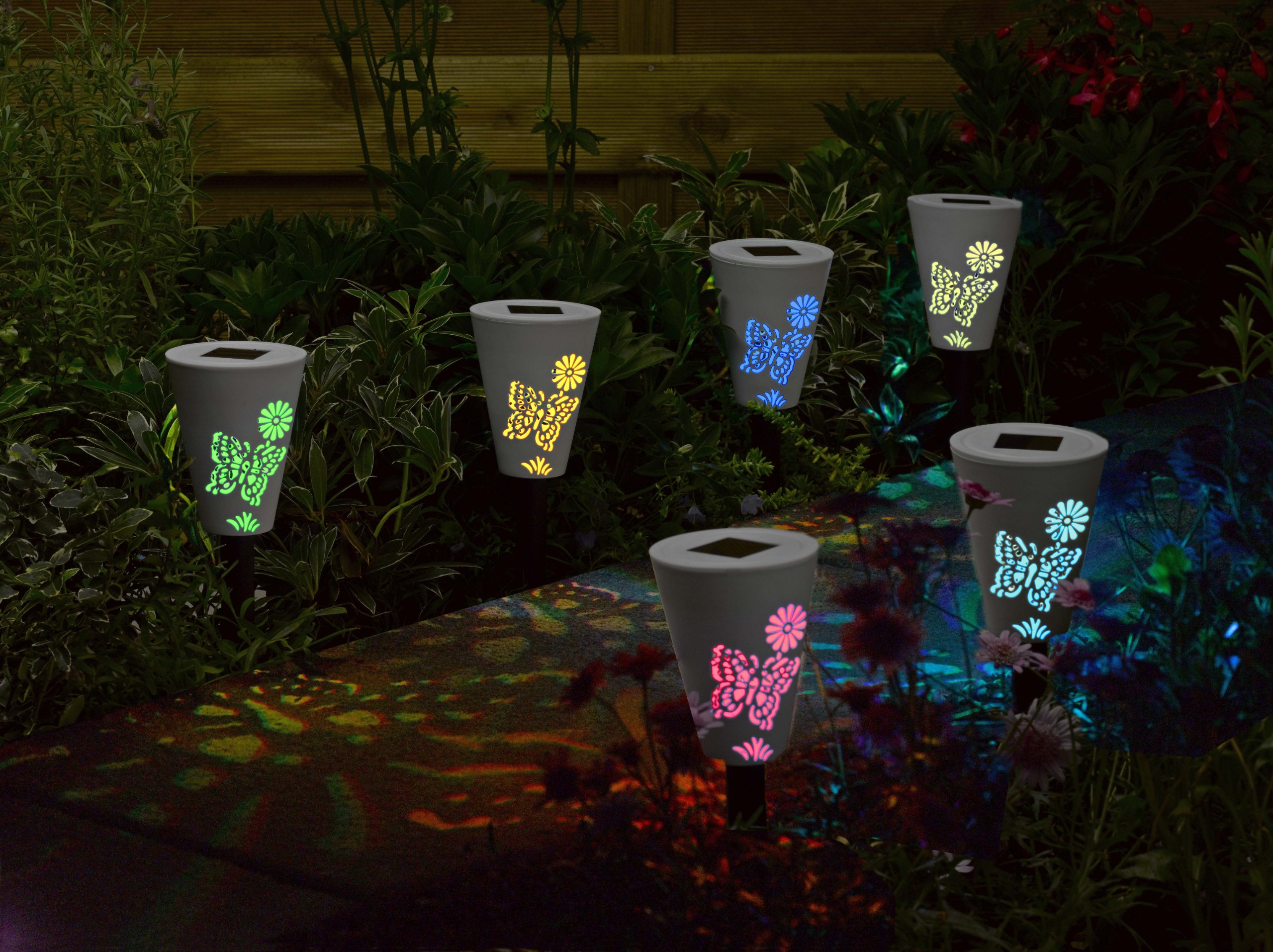 Smart Solar Powered Silhouette Butterfly Stake Lights, 6 pack White & Colour Changing