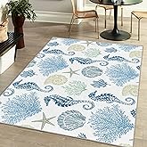 Coastal Nautical Rug for Bedroom & Living Room, Soft Low Velvet Carpet, Washable Beach Area Rug - Modern Light Blue Seahorse,