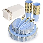 PREM-QUAL Baby Blue & Gold Disposable Dinnerware Set for 25 Guests – 175 Pc Heavy Duty Plastic Plates, Cups & Gold Cutlery – Elegant Party Supplies for Wedding, Baby Shower & Birthday