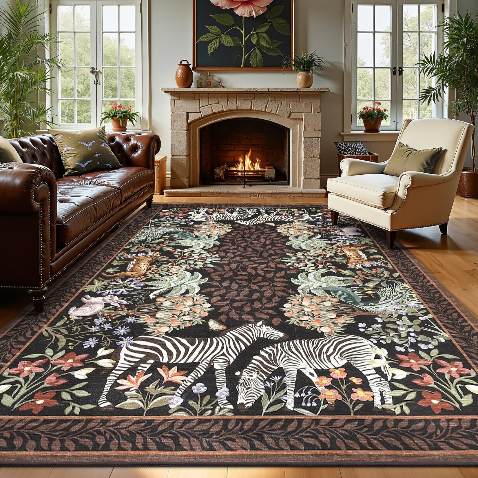 Photo 1 of GarveeHome Zebra Brown Washable Rugs 9x12 for Living Room Vintage Jungle Woodland Forest Safari Animal Print Rug Low Pile Botanical Kids Rugs for Playroom Kitchen Nursery Room