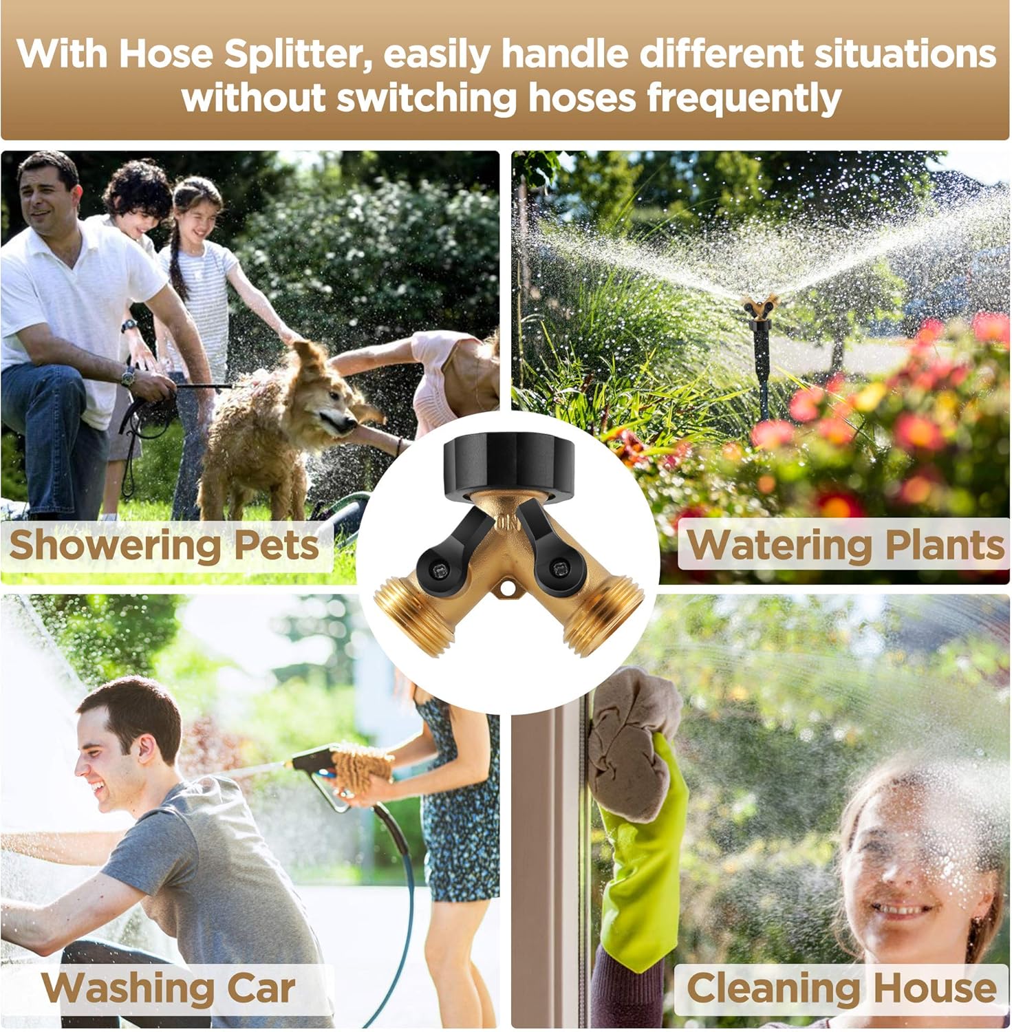 IPOW Solid Brass Body Backyard 2 Way Y Valve Garden Hose Connector Splitter Adapter + 6 Rubber Hose Washers with Comfort Grip: Garden & Outdoor