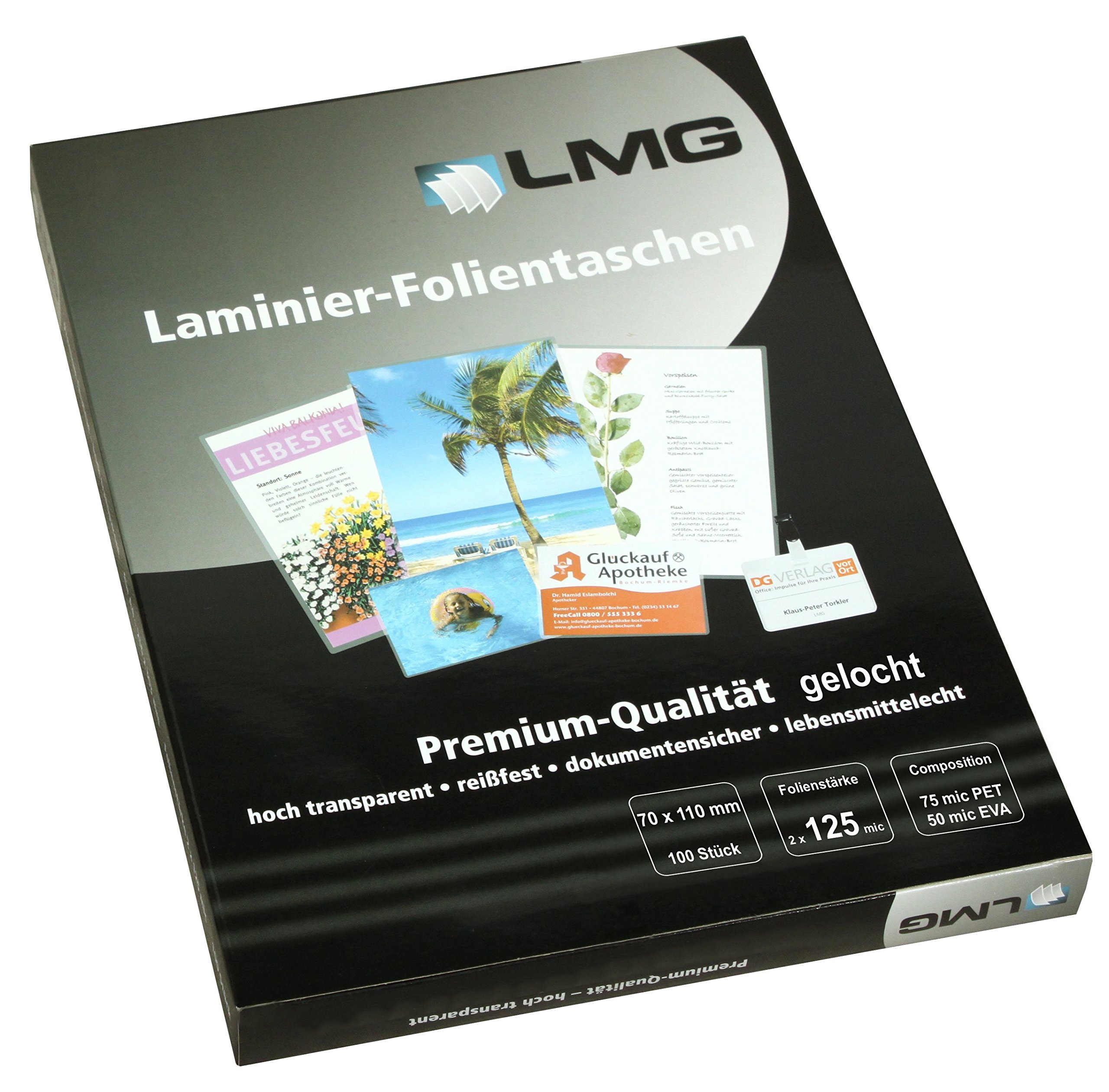 LMG LMG70X110X125SL Laminating Pouches 70 x 110 mm 2 x 125 mic with Slotted Hole Pack of 100