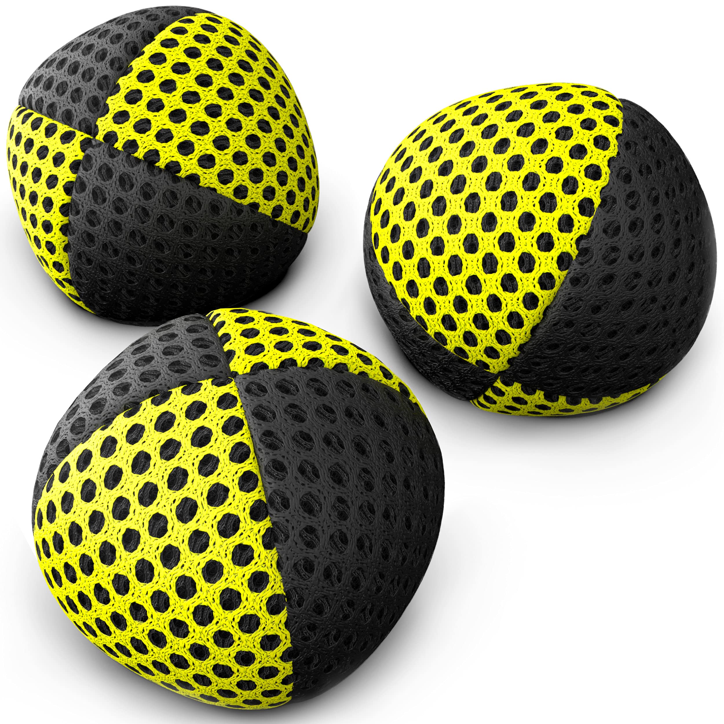 speevers Juggling Balls Professional Set of 3 Fresh Design Xballs, 12 Beautiful Colors Available, Juggle Balls for Beginners, Kids, Adults, 2 Layers of Net 4 Panels Carry Case (120g, Black - Yellow)
