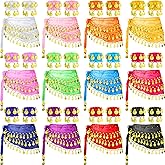 Vicenpal 36 Pcs Belly Dance Hip Scarf Belly Dance Skirt Wrist Ankle Cuffs Bracelets 12 Colors with Coins for Dancers