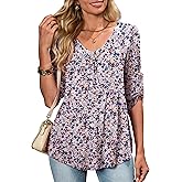 OIDUICOULD Women's Plus Size 3/4 Roll Sleeve Tops V Neck Casual Soft Blouse M-4X