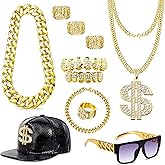 MEDOJO 80 90s Hip Hop Costume Outfit Kit Fake Golden Chain Dollar Sign Cap CZ Grillz Teeth Rapper Accessories Set