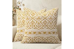 Cotton Floral Pillow Covers 16x16: Mustard Yellow Decorative Vintage Rustic Patterned Throw Pillows - Farmhouse Boho Couch So