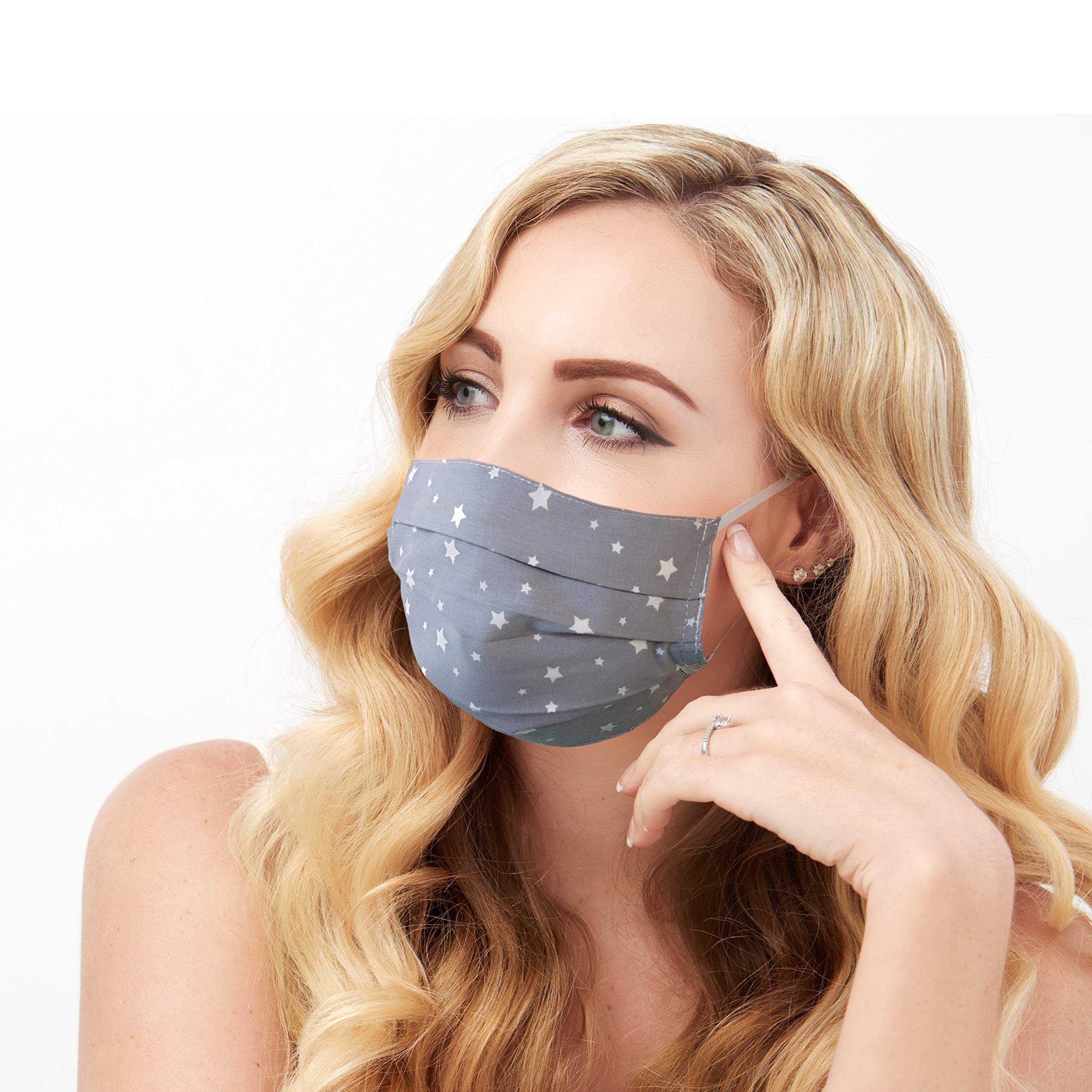 Lilind 2 Pack Face Masks, Comfortable Gift, Handmade in UK, Breathable Soft Cloth, Reusable and Washable Covering, 100% Cotton, 2x Gray Stars