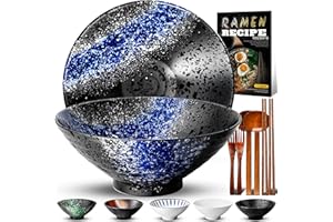 8-Inch Ceramic Ramen Bowl Set of 2 (9 Piece) - Porcelain Japanese Salad Noodles Cereal Fruit Pasta Soup Large Bowls with Reci