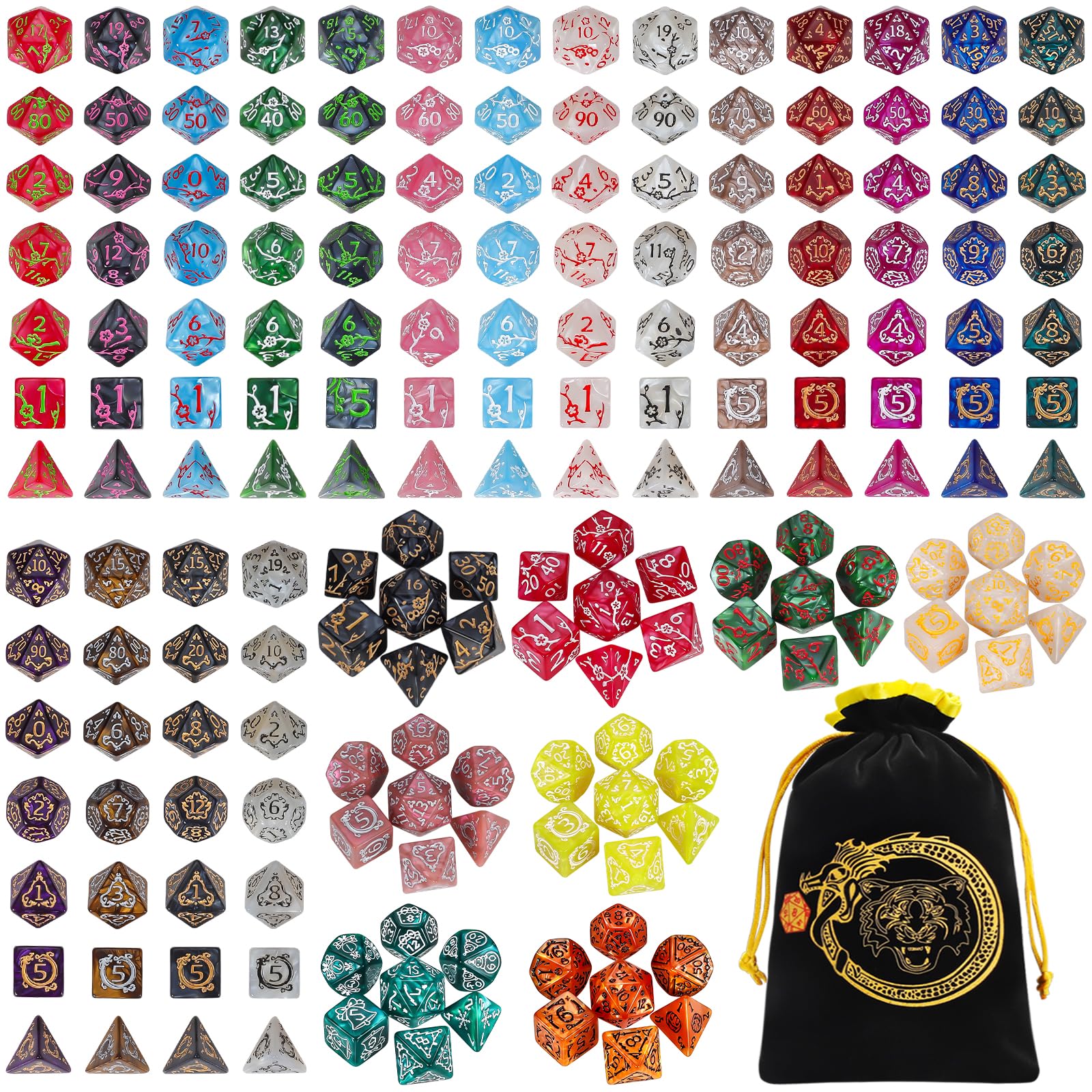 CiaraQ DND Dice Sets- 26 X 7 Polyhedral Dice (182pcs) with a Large Drawstring Bag, Multi-Color Engraved Gaming Dice for Dungeons and Dragons, Role Playing Table Game.