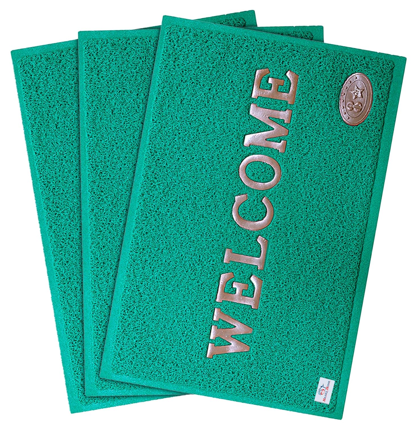 Heart Home Rubber Anti Slip Door Mat for Home Entrance, Office, Shop (Green)Pack of 3