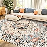 RELEANY Area Rugs 8'x10' Washable Non-Slip, Floral Vintage Distress Print Pattern Medallion Carpet for Living Room Bedroom Dining Room, Beige Navy Blue Orange Colorful