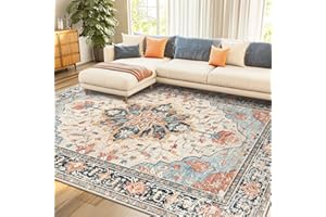 RELEANY Area Rugs 8'x10' Washable Non-Slip, Floral Vintage Distress Print Pattern Medallion Carpet for Living Room Bedroom Dining Room, Beige Navy Blue Orange Colorful