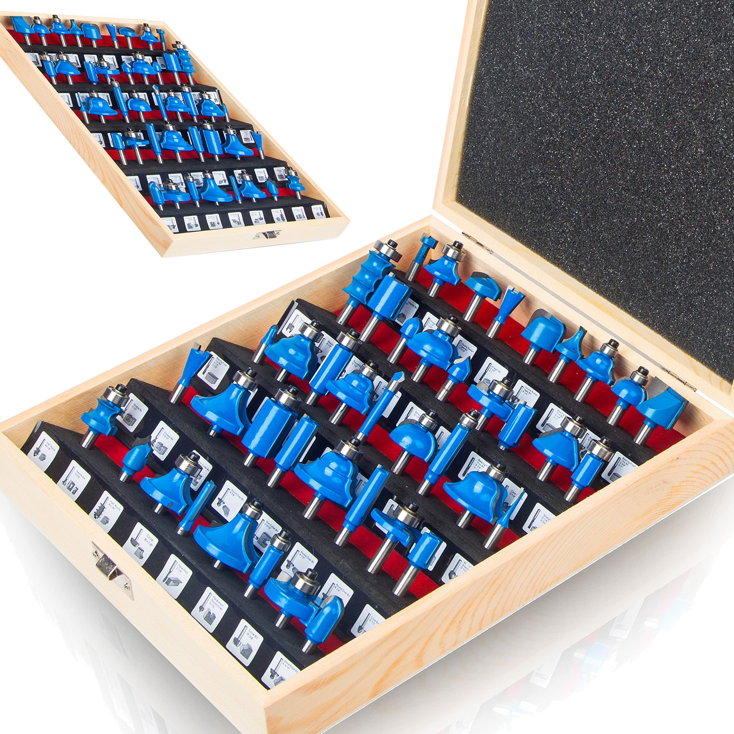 MAYLINE 1/4 Inch Shank Groove Tongue Cutter Router Bit Set 43 PC, Rail Stile Raised Panel Cabinet Door Cutter Panel Round Over Tool, Door Ogee Wood CNC Milling Tool for Woodworking (FD2-G)