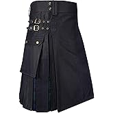 Men's Scottish Modern Hybrid Tartan Under Pleated Kilt, Men's Utility Cargo Pockets Hybrid Kilt