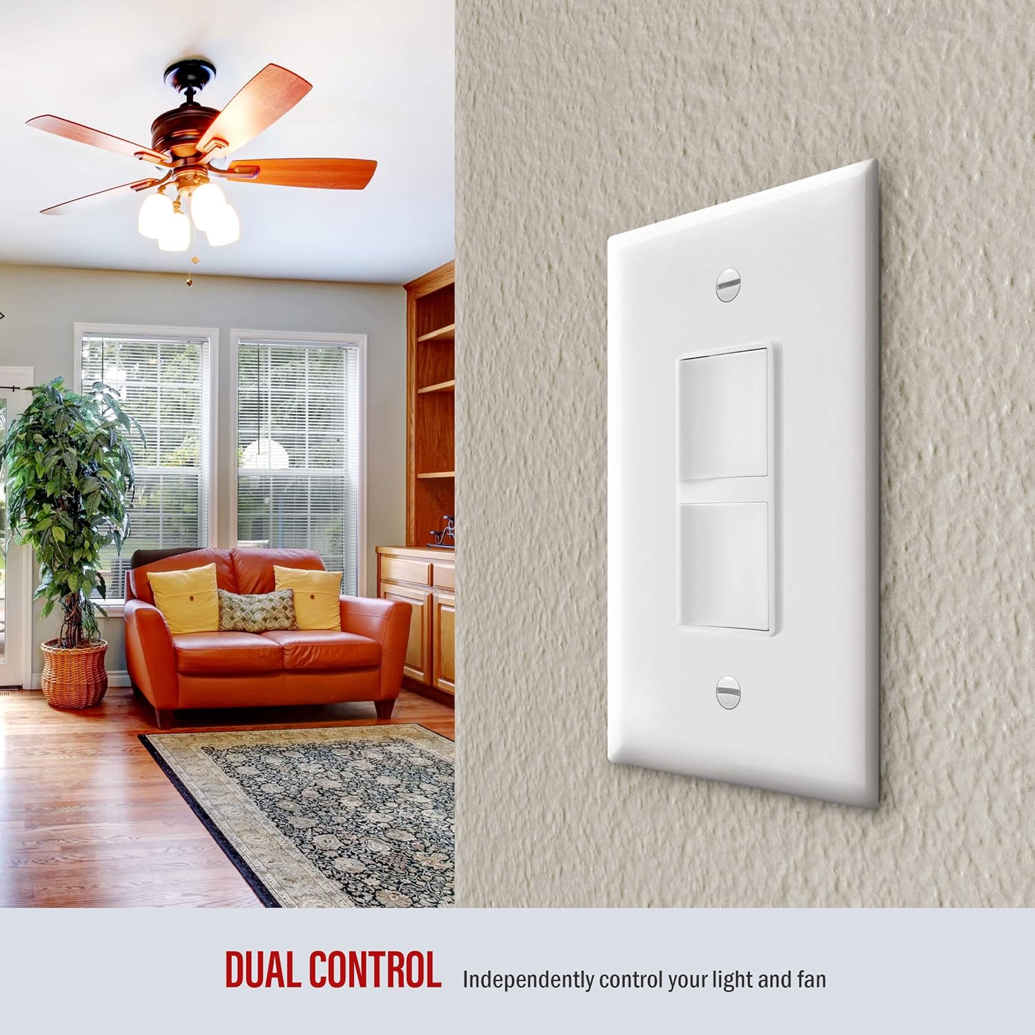 ENERLITES Double Paddle Rocker Decorator Switch, Ground terminal, Clamp-Type Back Insert Wiring, Copper Wires Only, Single Pole, Residential Grade, 15A 120-277VAC, 62834-W-N, White (New Model) - - 