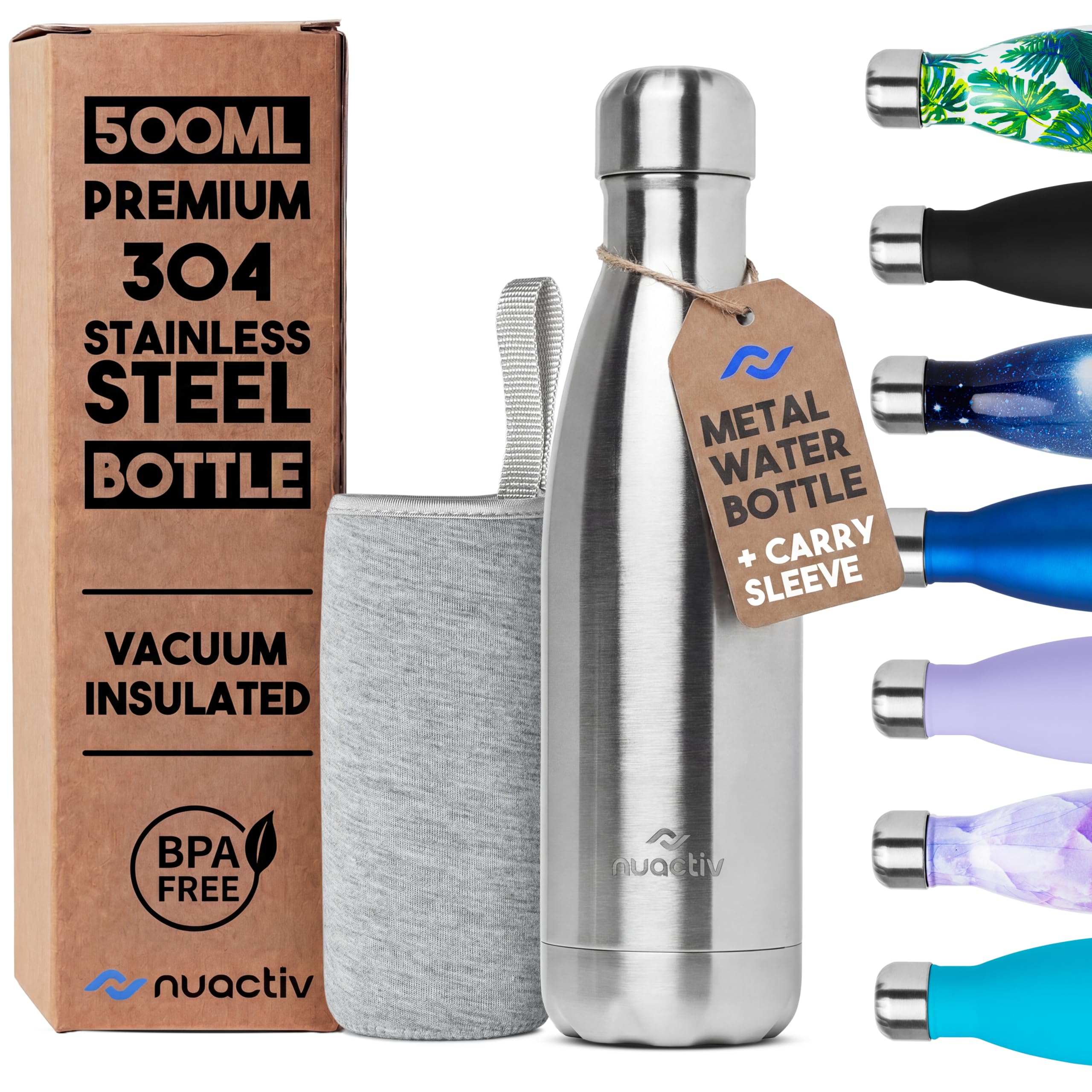 Nuactiv Stainless Steel Water Bottle 500ml, Vacuum Insulated Metal Flask, Leakproof, BPA Free, Reusable Sports Flask, Keeps Drinks Cold 24h & Hot 12h, for Gym, Travel, Work & School