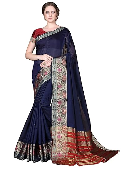 Cotton Shopy Womens Kanjivaram Silk Cotton Blend Sarees with Blouse Piece (Cott-2022_Dark Blue)