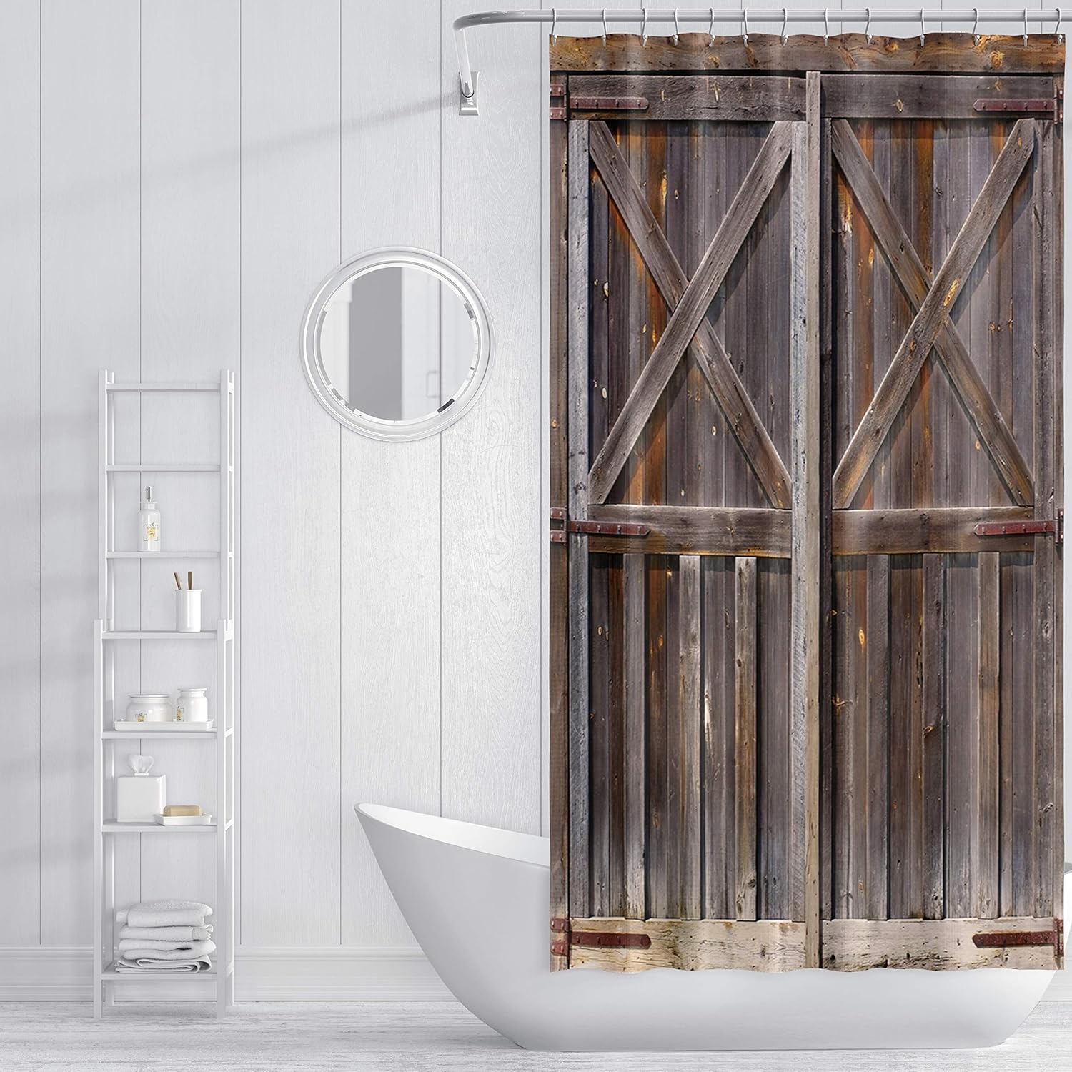 ZXMBF Rustic Shower Curtain Old Wooden Barn Door Farmhouse Oak Countryside Village