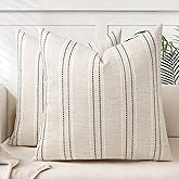 AELS 24x24 Decorative Farmhouse Linen Throw Pillow Covers, Boho Textured Pillow Case, Set of 2, Beige with White & Gray Stitch Yarn Dyed Stripe Cushion Cover for Sofa Couch Living Room (Cover ONLY)