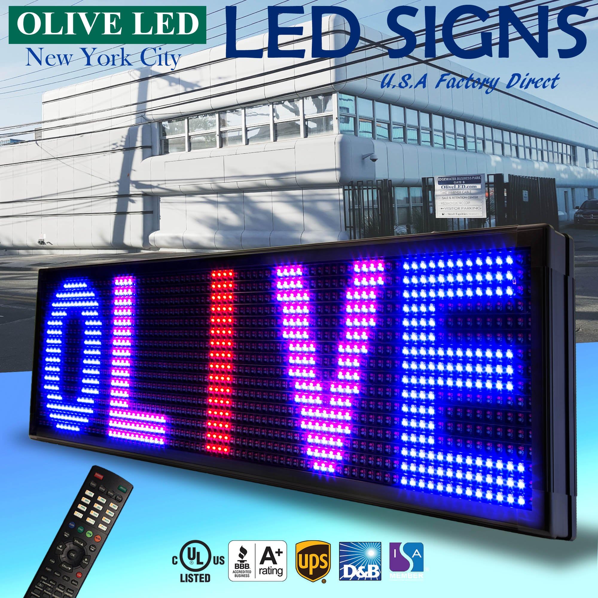 OLIVE LED Sign 3Color RBP, P20, 15"x66" IR Programmable Scrolling Outdoor Message Display Signs EMC - Industrial Grade Business Ad machine.
