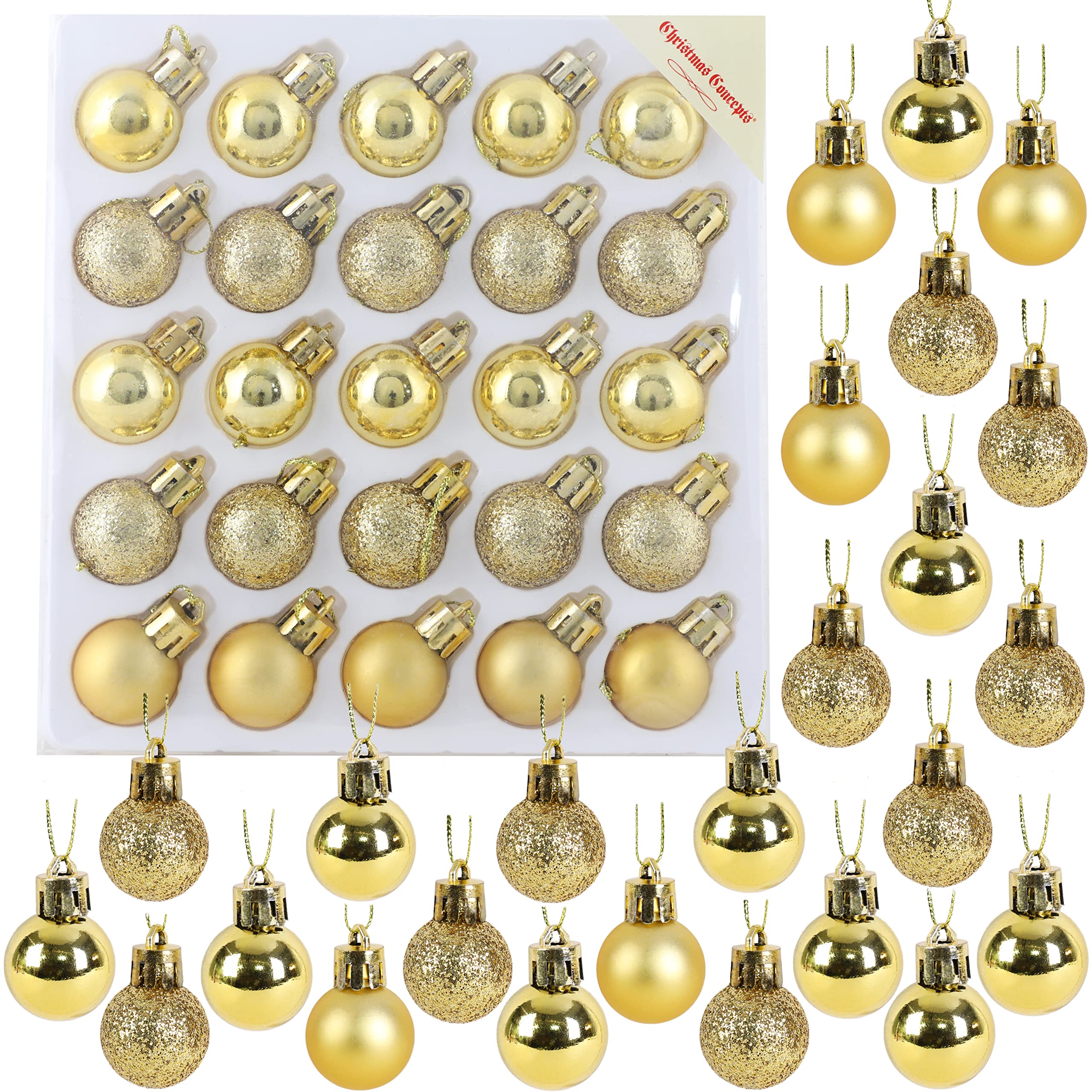 Christmas Concepts® Pack of 25-25mm (1") Mini Christmas Tree Baubles - Shiny, Matte & Glitter Decorated Baubles (Gold)