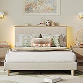 Bestier Queen Bed Frame with Adjustable Headboard & LED Lighting, Corduroy Upholstered Platform Bed Frame with Storage Shelf, Solid Wood Slats, No Box Spring Needed, Never Squeak, Easy Assembly, Beige