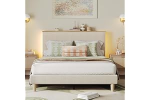 Bestier Queen Bed Frame with Adjustable Headboard & LED Lighting, Corduroy Upholstered Platform Bed Frame with Storage Shelf, Solid Wood Slats, No Box Spring Needed, Never Squeak, Easy Assembly, Beige
