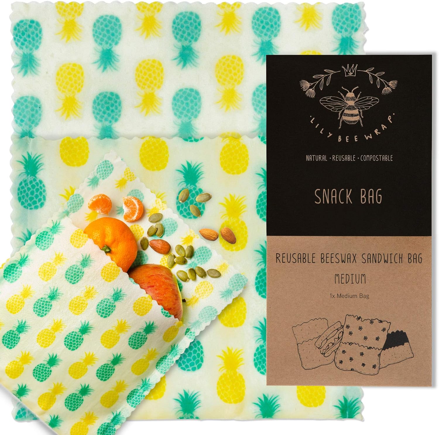 LILY BEE WRAP Reusable Snack Bags | Plastic Free Bees Wax Snack Bag | Sustainable, Biodegradable & Silicone Free | Great for Sandwiches | Pineapple Design Snack Bag | (Pineapple Snack)