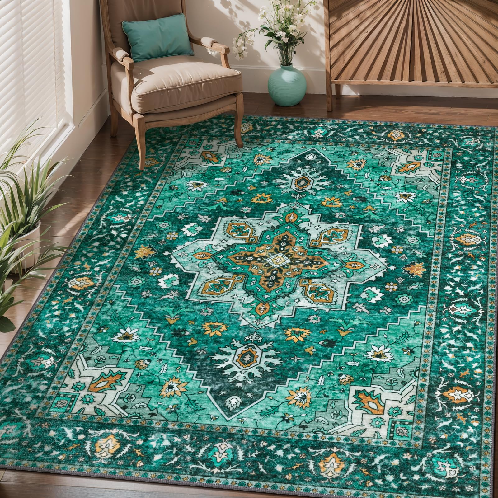 Tangsoo Area Rug 3x5 Bedroom Rug, Washable Vintage Rugs Indoor, Non Slip Accent, Print Distressed Emerald Carpet, Soft Low Pile Rugs for Living Room Dorm Bedroom Bedside Entryway Bathroom