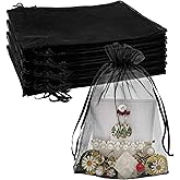 Jexila 100PCS Sheer Organza Bag 5''X7'' Black Mesh Bags Drawstring Gift Bag Small for Jewelry Goodie Candy Wedding Party Favor Pouch Bags (Black)
