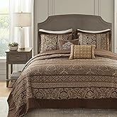 Madison Park Bellagio Reversible Quilted Bedspread Set, Solid Reverse Summer Breathable, Lightweight All Season Bedding Layer, Matching Shams, Bedspread King(120"x118"), Brown 5 Piece