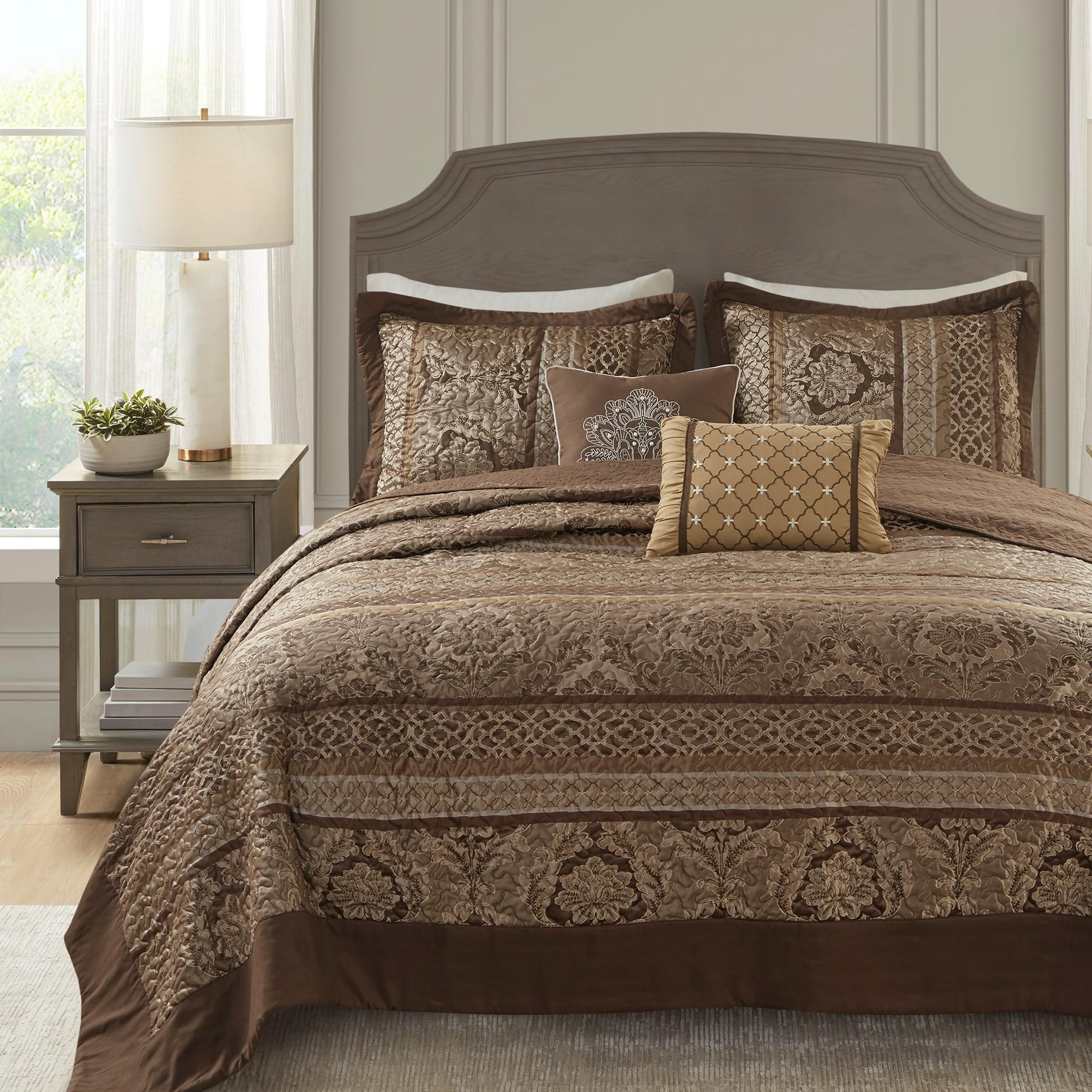 Photo 1 of Madison Park Bellagio Reversible Quilted Bedspread Set, Solid Reverse Summer Breathable, Lightweight All Season Bedding Layer, Matching Shams, Bedspread King(120"x118"), Brown 5 Piece