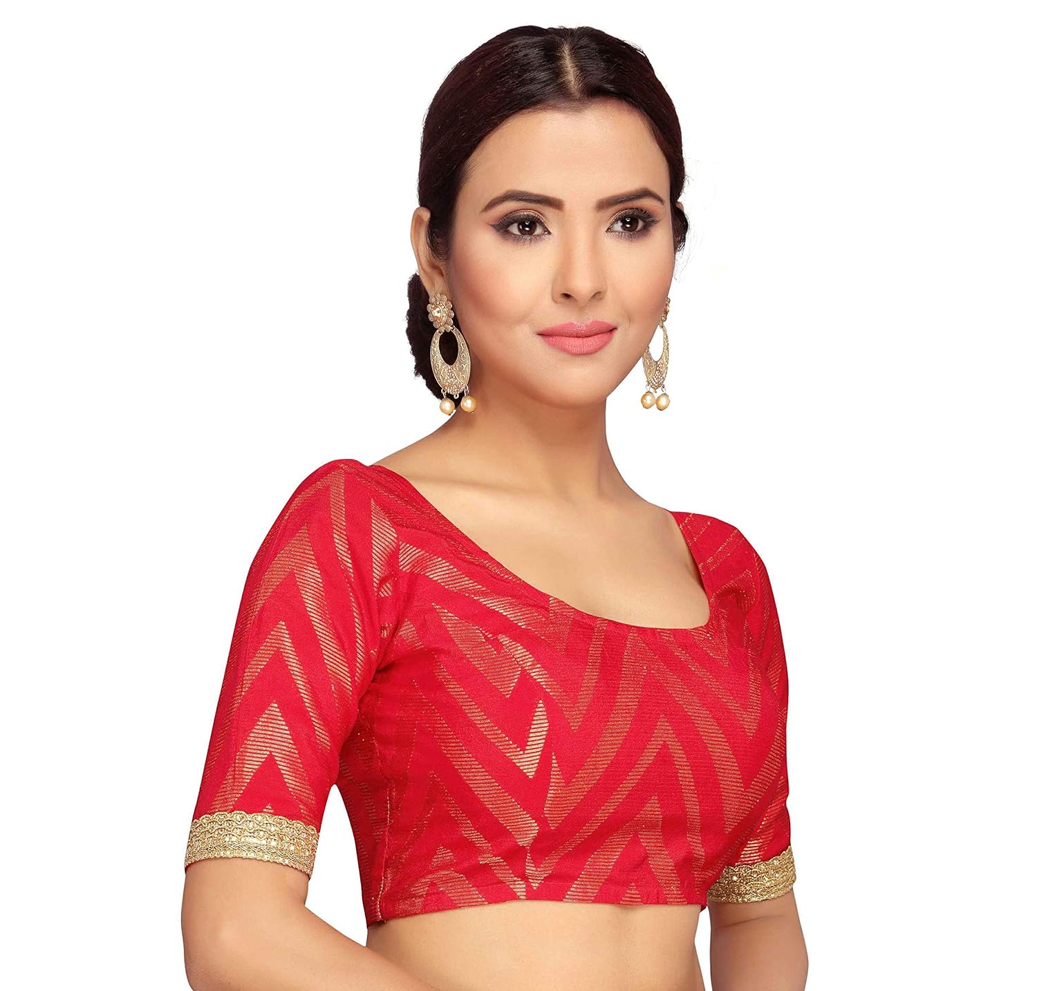 studio shringaar red benaras brocade readymade saree blouse with elbow length sleeves