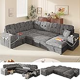 Bonroyo Modular Sectional Sleeper Sofa with Pull Out Bed, 108 Inch U Shaped 7 Seat Couches for Living Room, Chenille Fabric Cloud Couch Bed with Storage &amp; Reclining Backrest, USB Charging, Grey