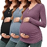 Oakgarden 3 Pack Women's V Neck Maternity Sweaters Long Sleeve Shirts Clothes Pregnancy Henley Tops Ribbed Side Ruched Tunic