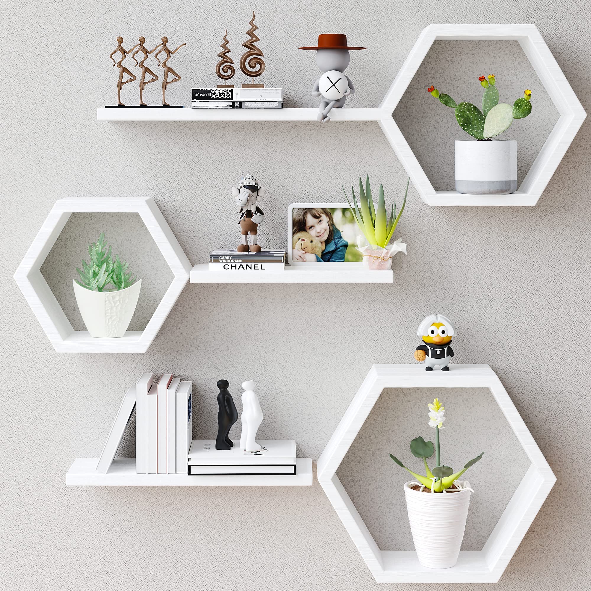 Wooden Hexagon Floating Shelves Wall Mounted Set Of 6 Pine Wood