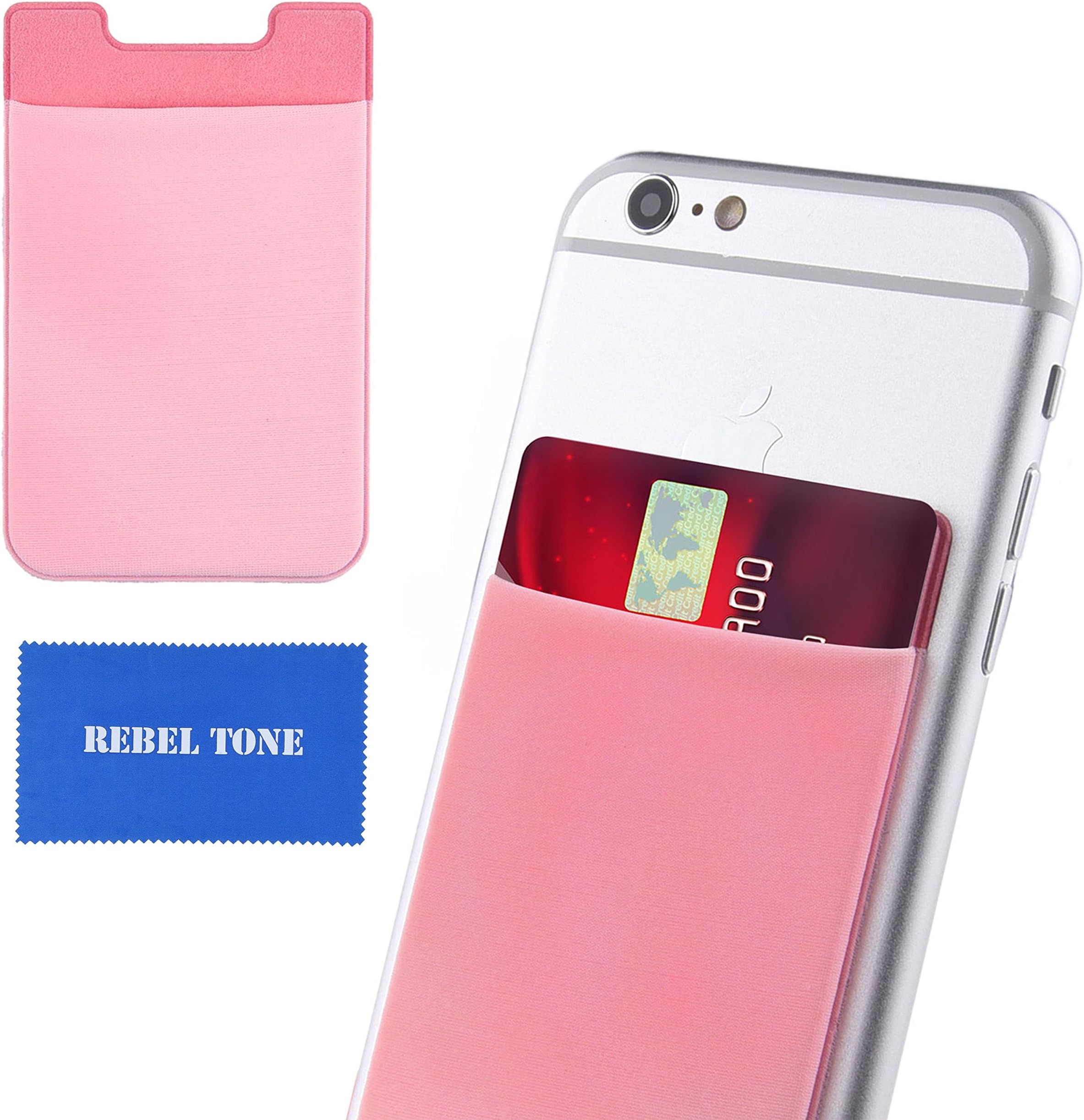 Card Holder for Credit Cards, ID, Driving Licence, Business Cards, etc. - Strong Sticker to Attach - Wallet Replacement - Money Clip or Holder for Cable/Earphones - with Rebel Tone Cleaning Cloth
