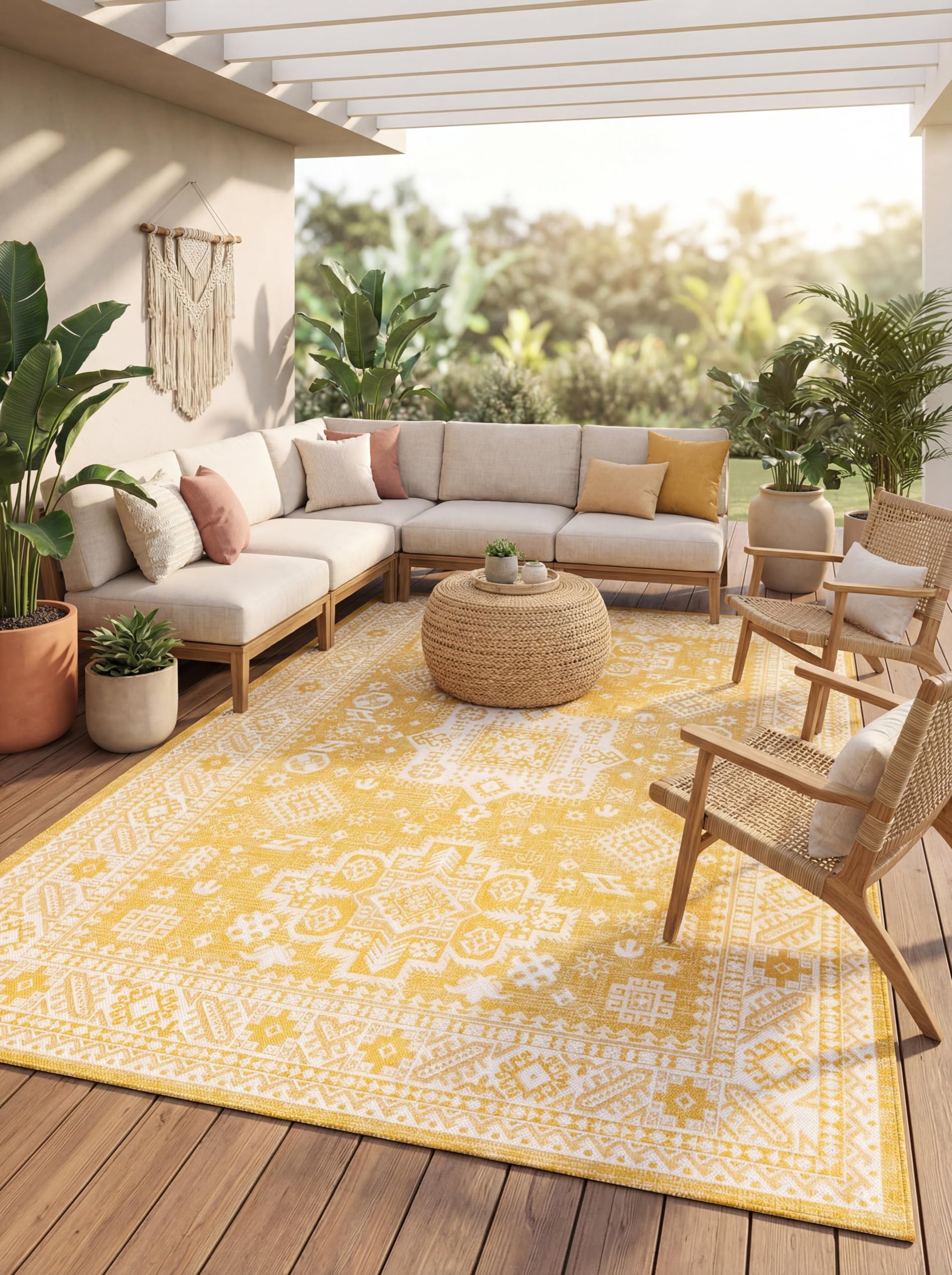 Rugs.com Outdoor Aztec Collection Rug – 9' x 12' Yellow Flatweave Rug Perfect for Living Rooms, Large Dining Rooms, Open Floorplans Image