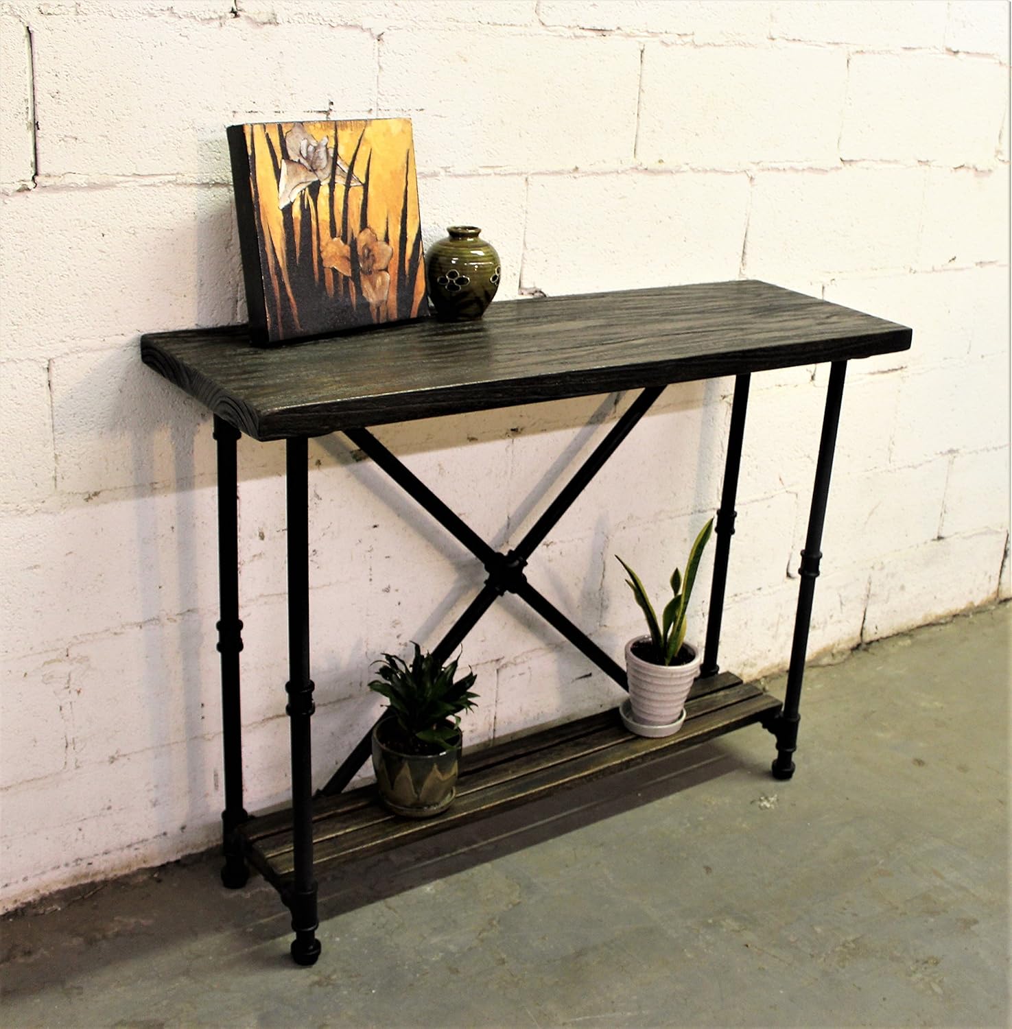 FURNITURE PIPELINE Industrial, 2-Tier Console-Sofa Hall Table, Metal and Reclaimed Aged Wood Finish, Steel Pipes and Fittings with Stained Wood, Black/Dark Brown