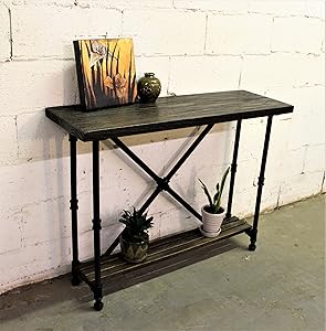 FURNITURE PIPELINE Industrial, 2-Tier Console-Sofa Hall Table, Metal and Reclaimed Aged Wood Finish, Steel Pipes and Fittings with Stained Wood, Black/Dark Brown