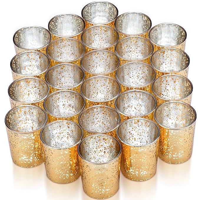 VIZAYO Gold Votive Candle Holders Set of 24 Mercury Glass Votives and