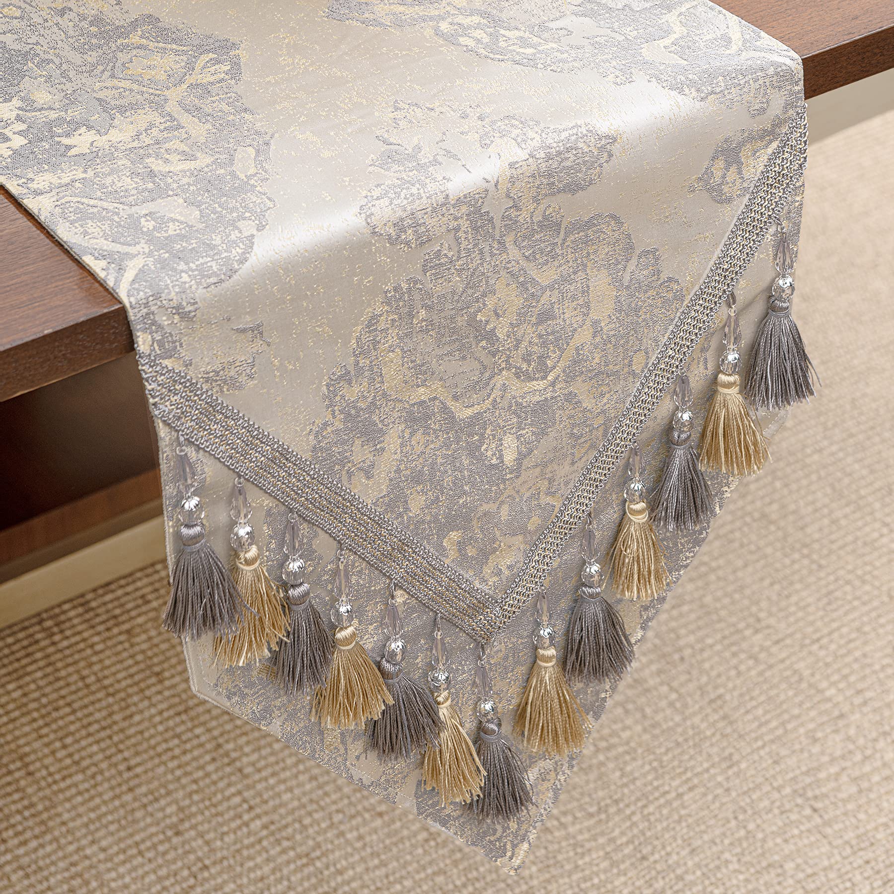 TOPLUXE Table Runner with Tassels, Luxury Damask Table Runner for Dining Room/Restaurant/Banquet/Festival Decoration (33x228cm, Beige)