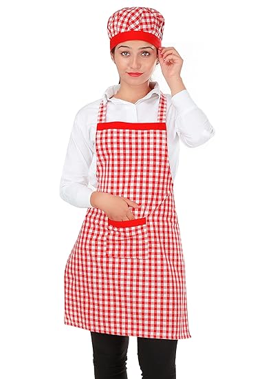 Switchon Cotton Kitchen Apron with Cap (Red and White, Free Size)