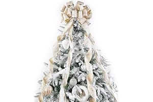 LIZLOVESS Ivory and Champagne Gold Christmas Tree Topper Bow 13 x 53 Inch Large With Streamer and Bauble Patterns for Xmas Tree Wreaths Door Staircase Home Decor